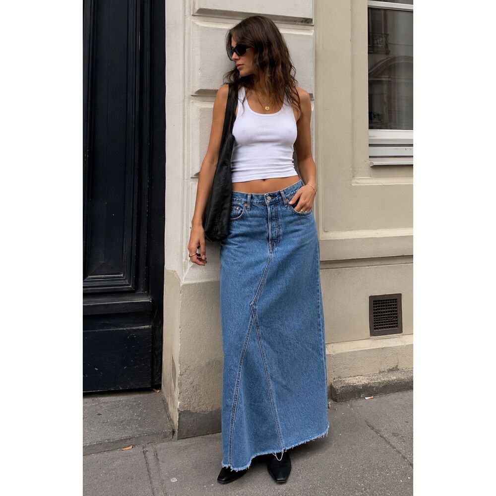 Levi's Premium Denim Maxi Skirt NWT Size 31 TENCEL Blend Raw Hem A4027-0002